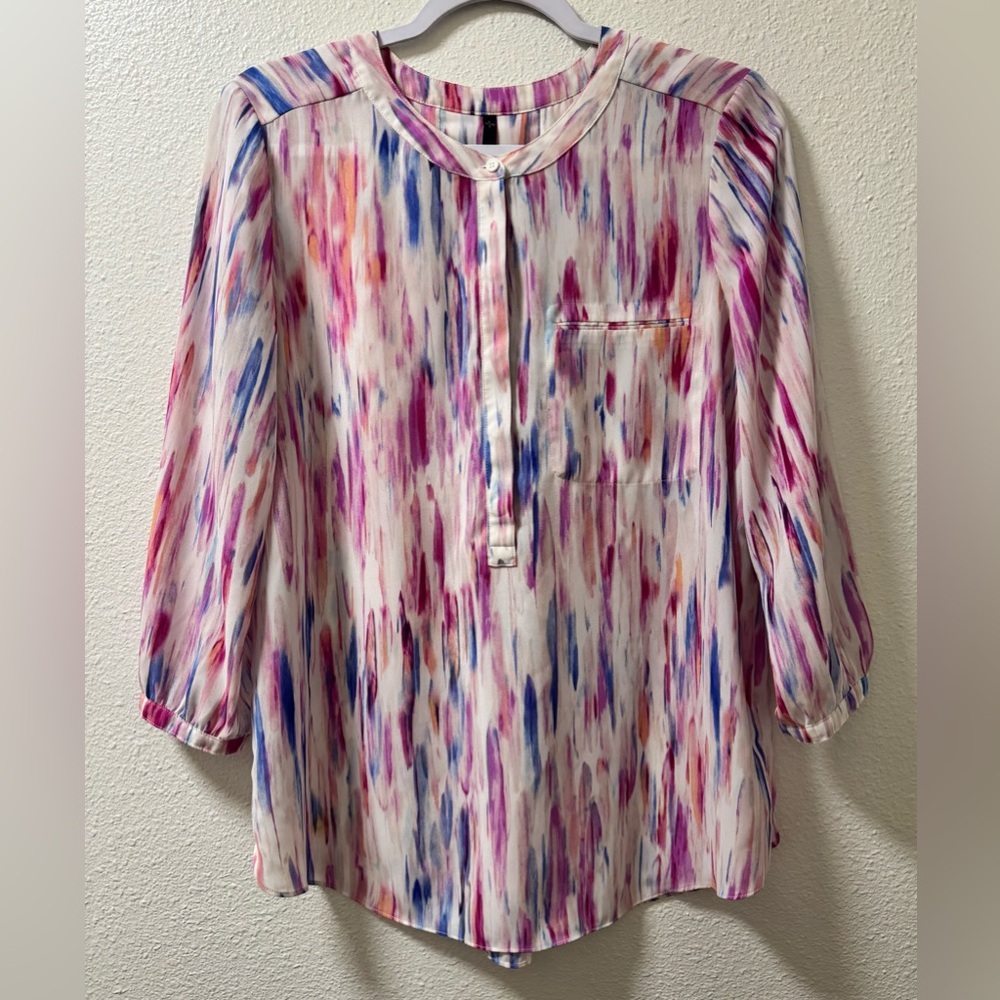 NYDJ Abstract Watercolor Tunic Blouse Top 3/4 Sleeve Pleated Women’s Medium